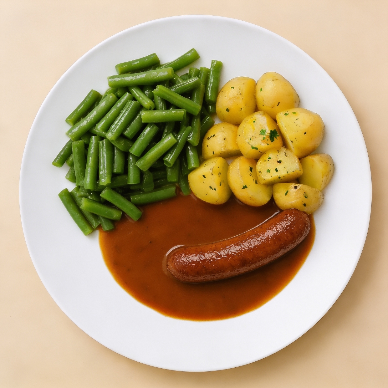 Sperciebonenschotel met saucijsje